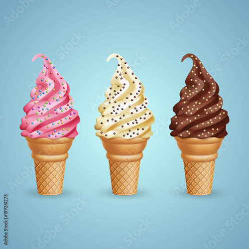 Set of realistic ice cream cones with candy beads on blue background. Vector Illustration
