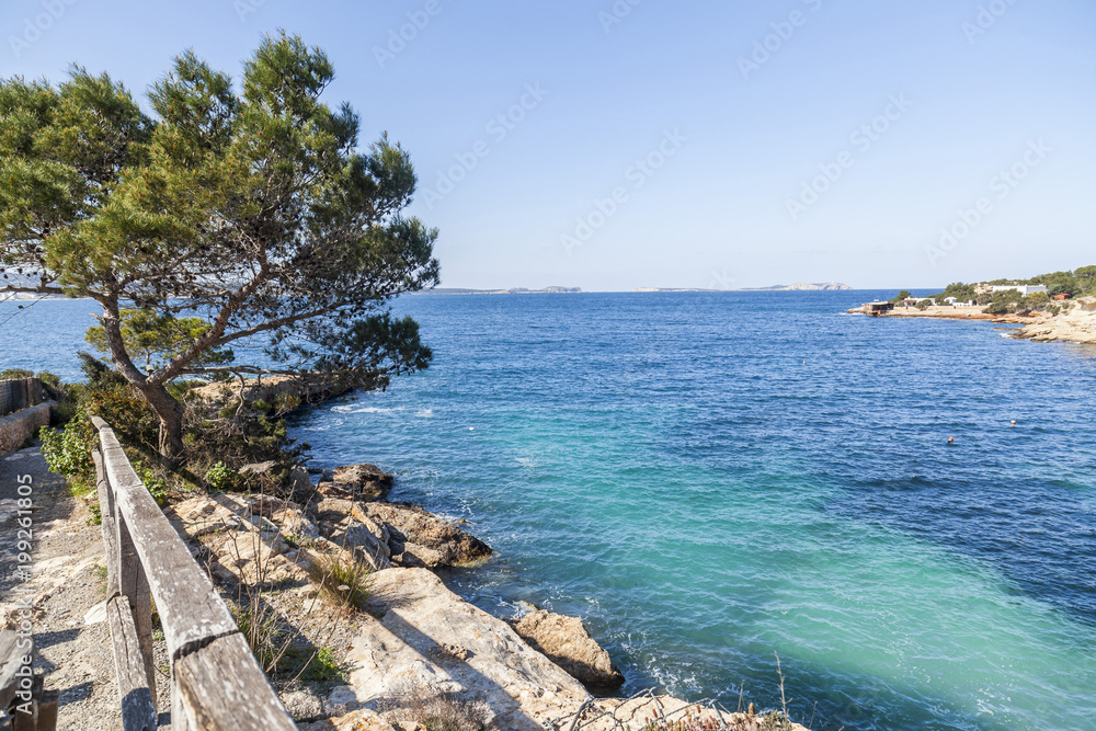 Coastal route, maritime promenade, town of Sant Antoni, Ibiza Island,Spain.
