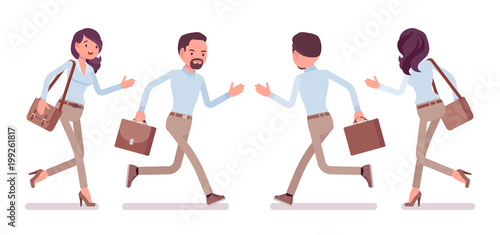 Smart casual man and woman running