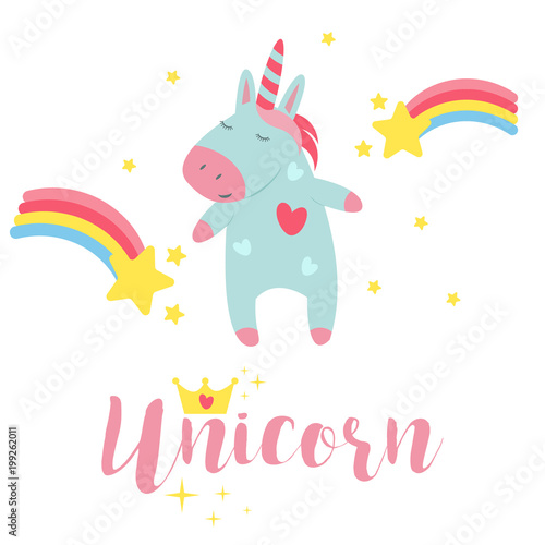 Cute unicorn baby vector illustration magic rainbow fantasy fairy design beautiful fairytale art.