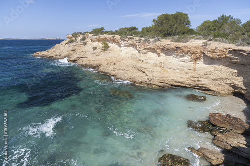 Mediterranean sea, coastal view, rock formation, town of Sant Antoni, Ibiza Island,Spain.