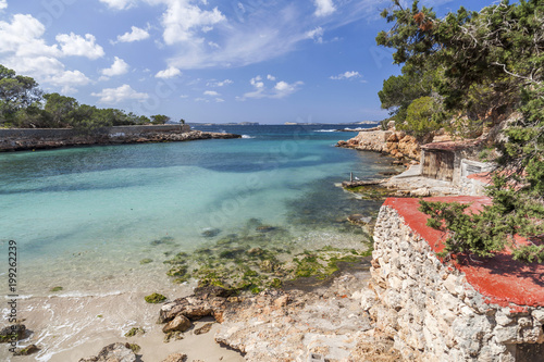 Photos Mediterranean beach, Cala Gracio, town of Sant Antoni, Ibiza island,Spain