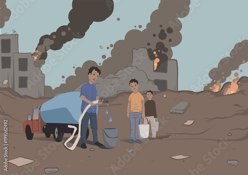 Distribution of water to the victims of the military conflict, humanitarian aid. Water scarcity. Vector illustration.