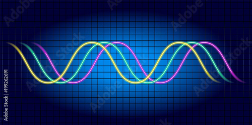 Neon wave graph. Oscilloscope with image of wave diagram. photo