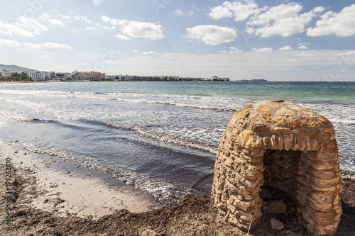 Mediterranean beach, Beach Es Pouet, town of Sant Antoni, Ibiza island,Spain.
