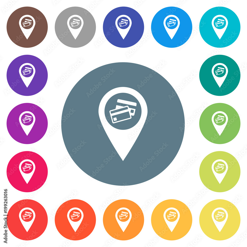 Credit card acceptance GPS map location flat white icons on round color backgrounds Credit card acceptance GPS map location flat white icons on round color backgrounds