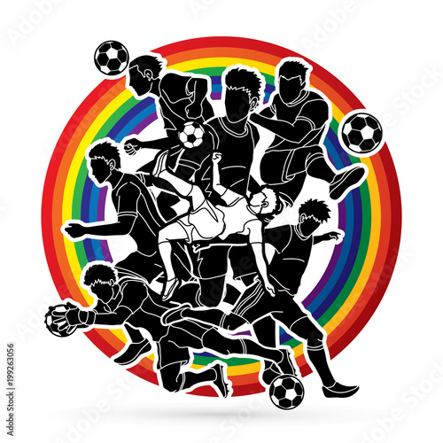 Soccer team composition, soccer player action designed on rainbows background graphic vector
