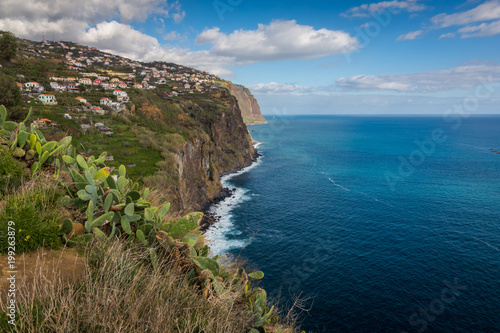 Cliff over the Atlantic ocean in Ribeira Brava on the Madeira island, Portugal