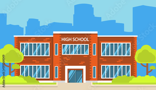 Building high school of the American or European  with trees and bushes. A city landscape with a house facade with windows and doors. In flat cartoon style a vector. Education of children.