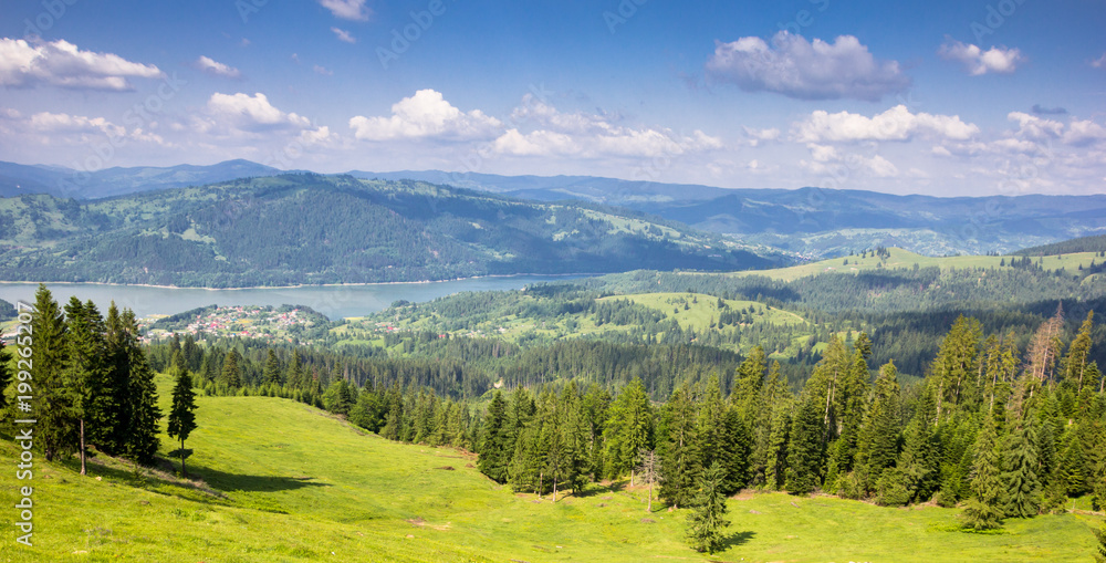 Panoramic view over Bicaz lake in the Carpathians, Romania