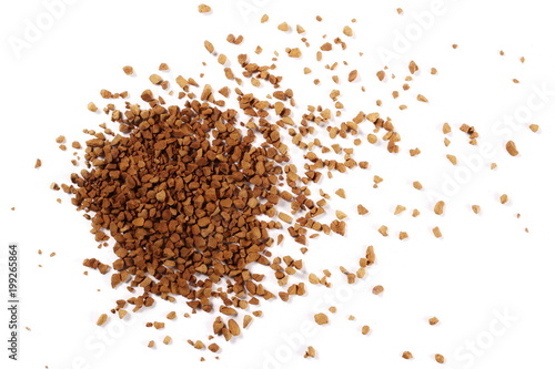 Instant coffee grains isolated on white background, top view