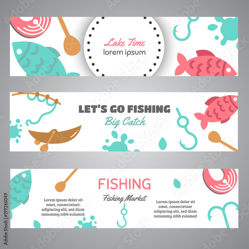 Fishing banner. Lake time text. Banners with quotes about fishing. Flat fish icons, with net or rod. Salmon steak and boat, fisher tackles, baits