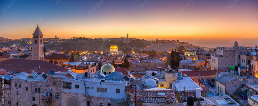 Jerusalem. Panoramic cityscape image of old town of Jerusalem, Israel at sunrise.