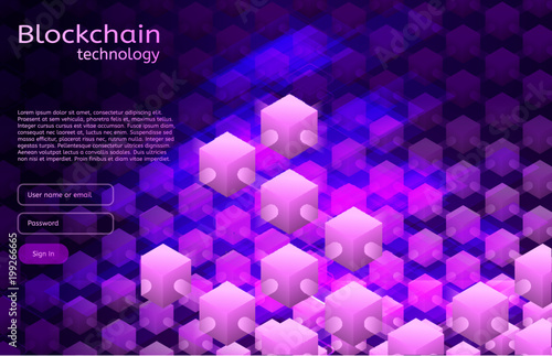 Cryptocurrency and blockchain isometric illustration. Vector abstract composition of crypto start up. Ultraviolet colors