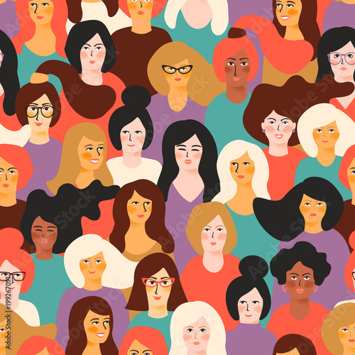 Girl power. Vector seamless pattern with women faces. © Nadia Grapes