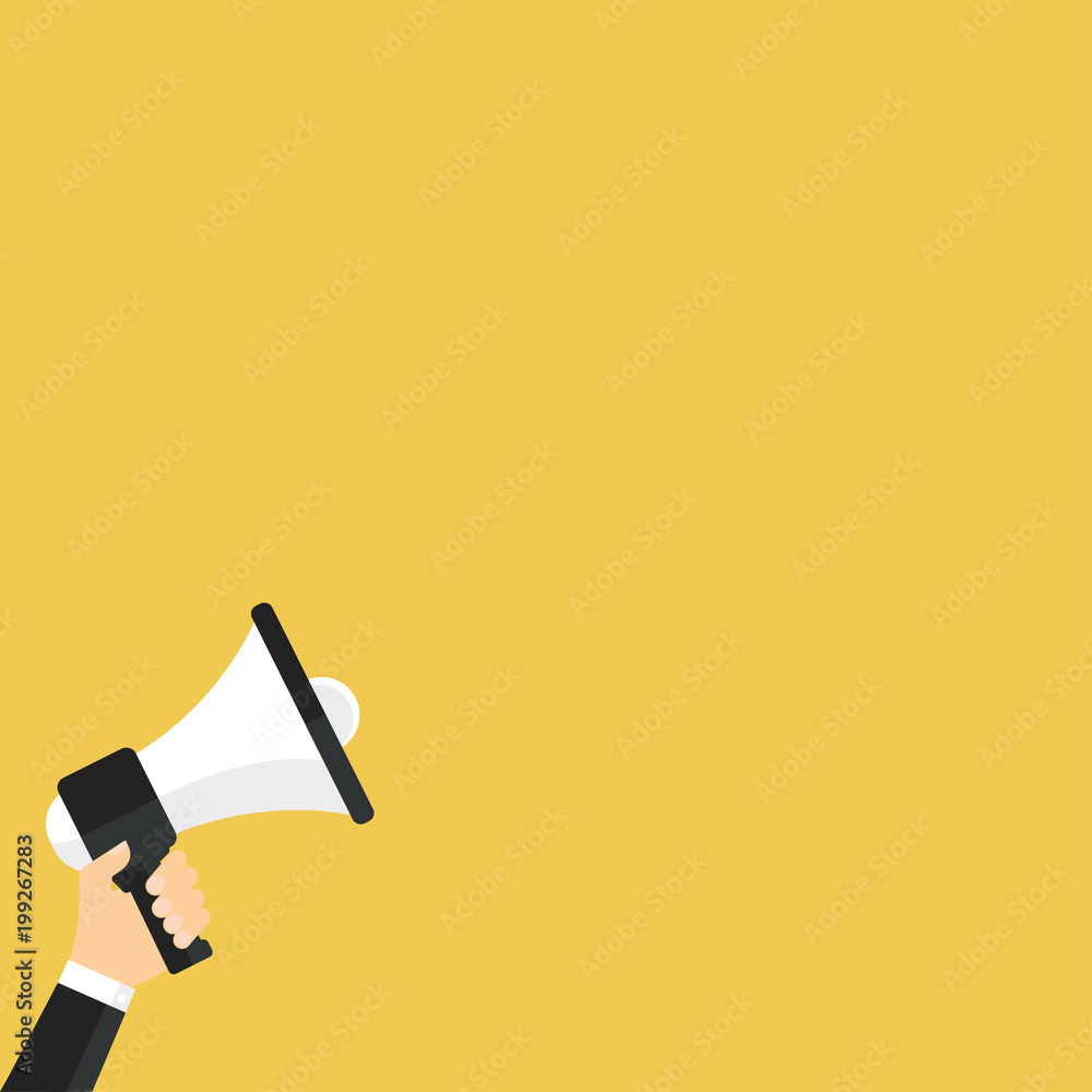 Flat vector illustration. Human hand holding megaphone. Business man holding megaphone for website and promotion banners.Social media marketing concept. Flat vector illustration. Human hand holding megaphone. Business man holding megaphone for website and promotion banners.Social media marketing concept.