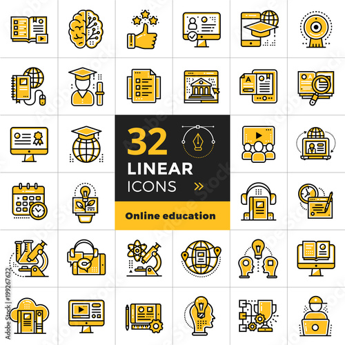 Online education and e-learning vector icons set. Suitable for print, presentation, website.