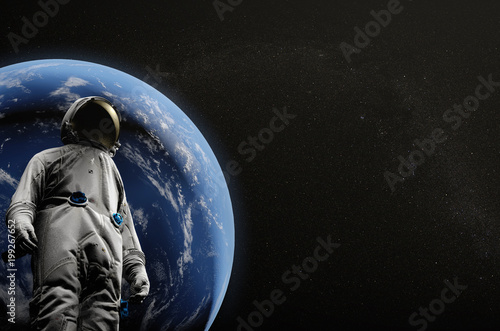 Astronaut on space mission flying around our blue planet. Earth on background. Cosmos. 3D illustration
