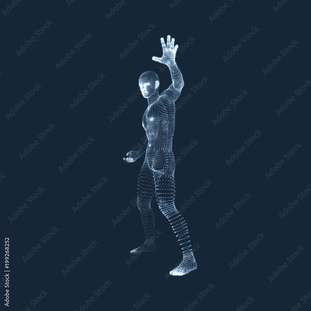 .Vector man with hand up to stop. Human showing stop gesture. 3D model of man. 3D vector illustration. .Vector man with hand up to stop. Human showing stop gesture. 3D model of man. 3D vector illustration.