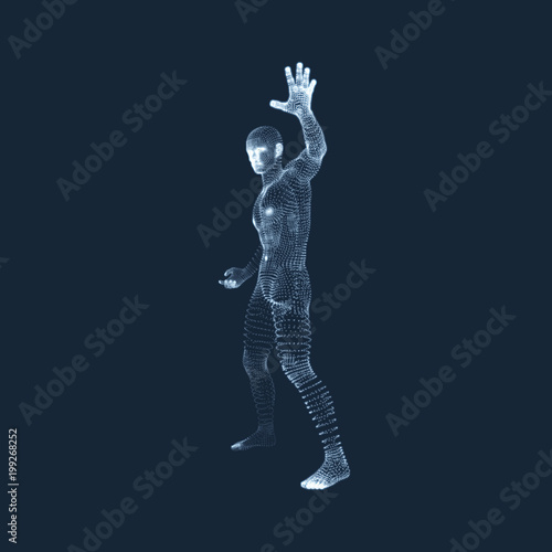 .Vector man with hand up to stop. Human showing stop gesture. 3D model of man. 3D vector illustration.