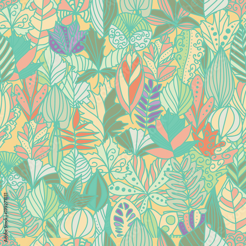 Exotic summer endless backgrounds, Abstract creative trendy colorful seamless pattern with tropic leaf seamless pattern. Hand drawn artistic texture. Pop-art.