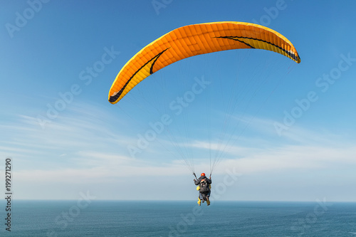people practicing paragliding with the sea in the background