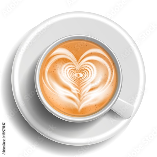 Coffee Art Cup Vector. Top View. Heart. Hot Cappuchino Coffee. White Mug. Illustration
