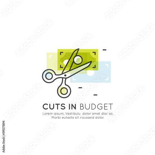 Vector Icon Style Illustration of Budget Cut, reduce costs, money saving concept, Credit or Debit Card Payment, Cash and Coin, Profit and Revenue