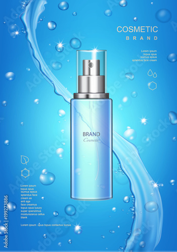 Moisturaizing spray bottle cosmetic on blue background, ice tonic on shinig wave water splash