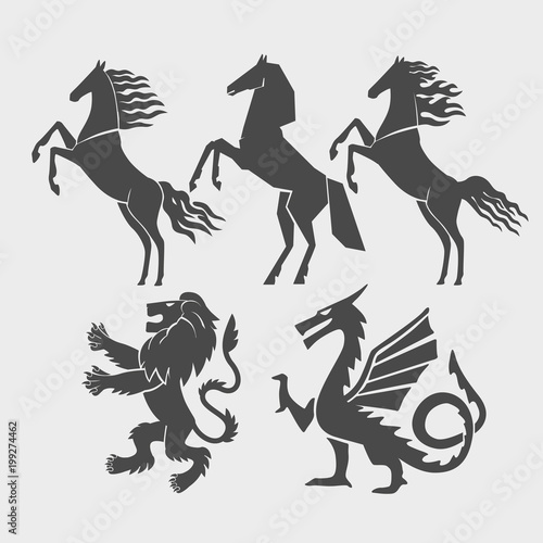 Set of horse silhouettes  dragon  lion. Vector graphics. Shape. Silhouettes  stylized drawings.