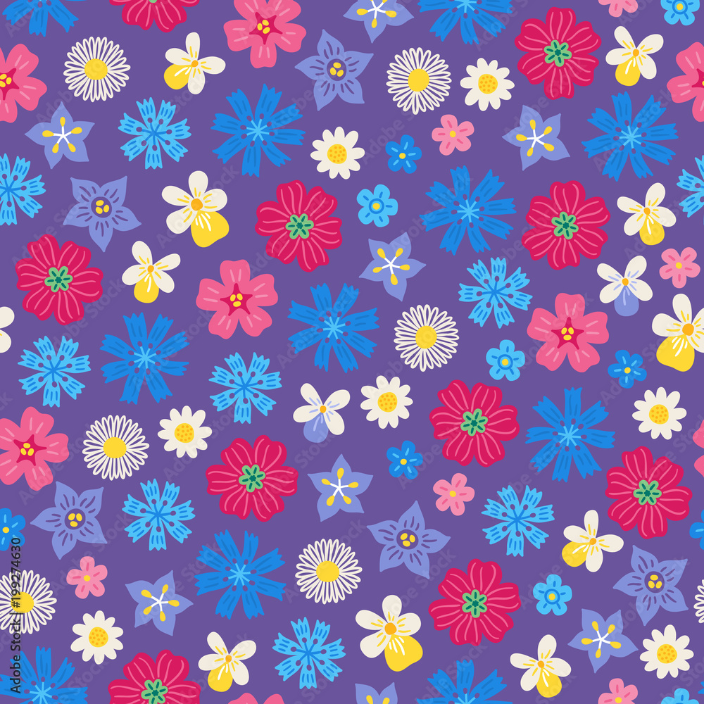 Seamless floral pattern with poppy, bellflower, knapweed, chamomile and viola