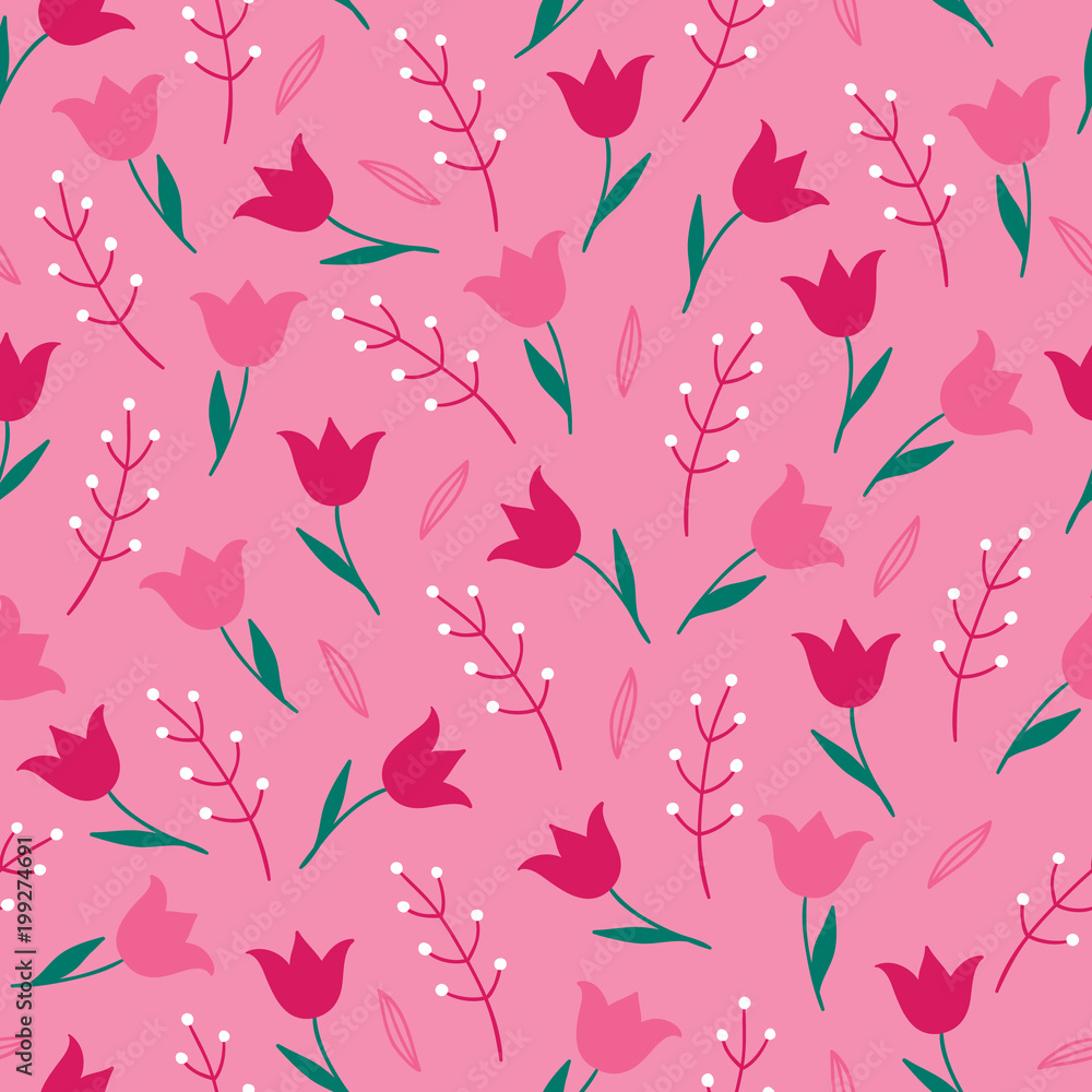 Seamless floral pattern with tulips and brances on pink background