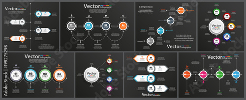 Collection of infographic on black background can be used for workflow layout, diagram, number options, web design. Infographic business concept with options, parts, steps or processes. Vector Eps 10
