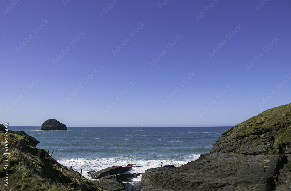 Ocean view of Trebarwith Strand in Cornwall, England