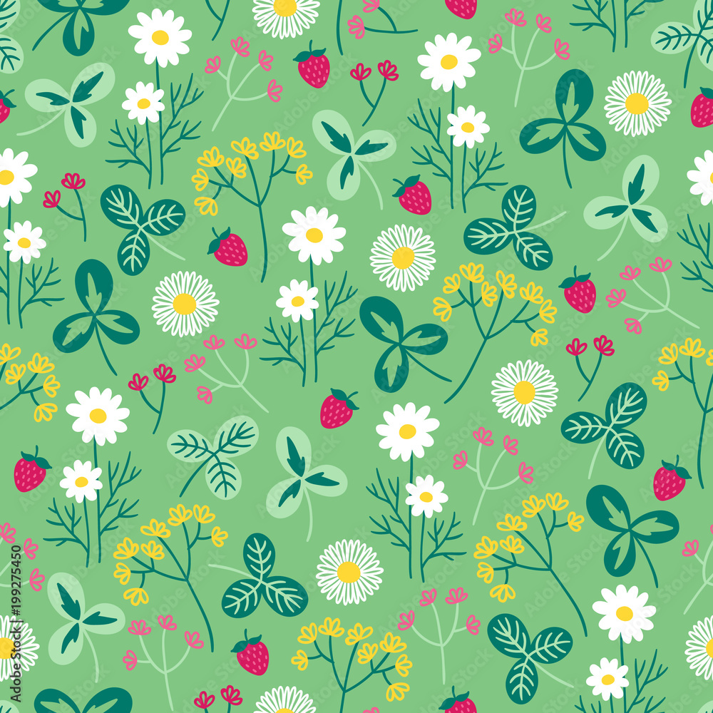 Obraz premium Seamless floral pattern with chamomile, clover and wild strawberry