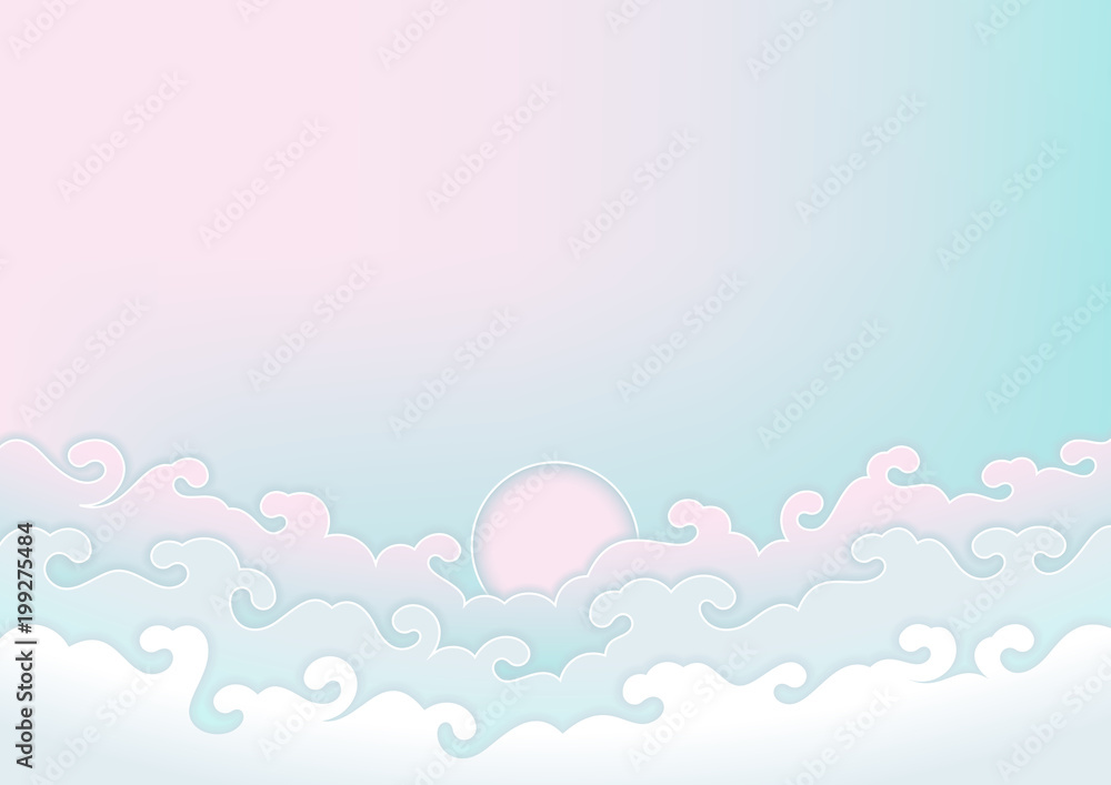 Vector background, sky and fairy childish clouds, pastel colors, horizontal format.