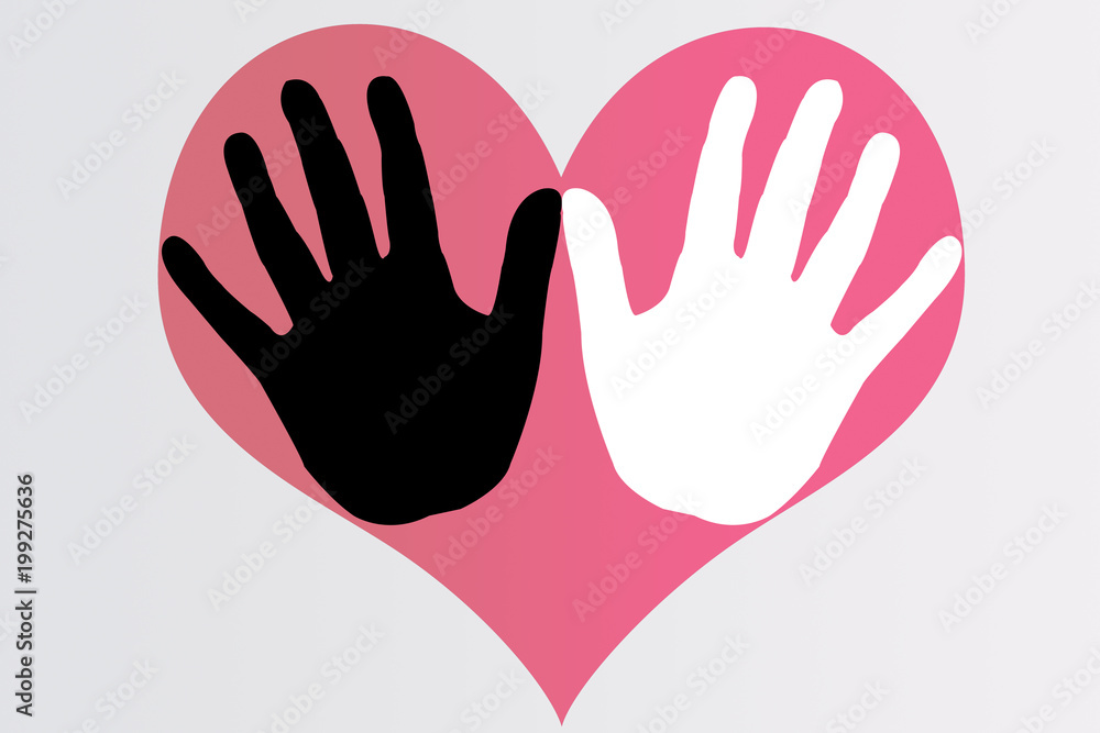 Obraz premium Manos negras y blancas con corazón rojo.