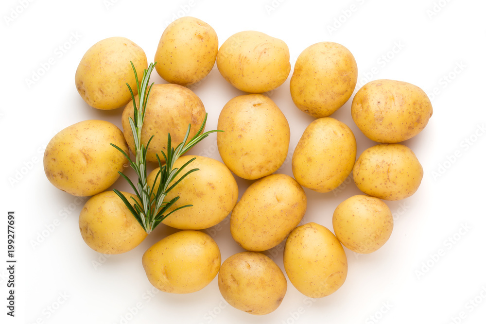 New potato and rosemarin isolated on white background close up. New potato and rosemarin isolated on white background close up.