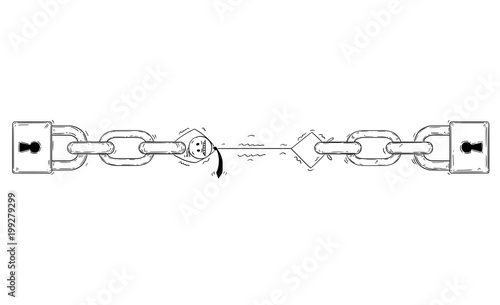 Cartoon stick man drawing conceptual illustration of businessman or user or employee as the weakest link or weak point of the chain. Business concept of network security or secret.