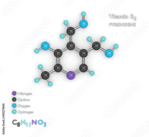 3d render of molecular model and formula of vitamin B6