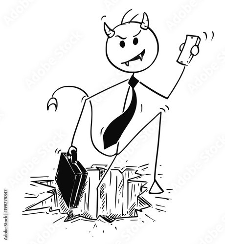 Cartoon stick man drawing conceptual illustration of demonic or evil businessman devil coming form hell or hole in ground. Business concept of morality and ethics.