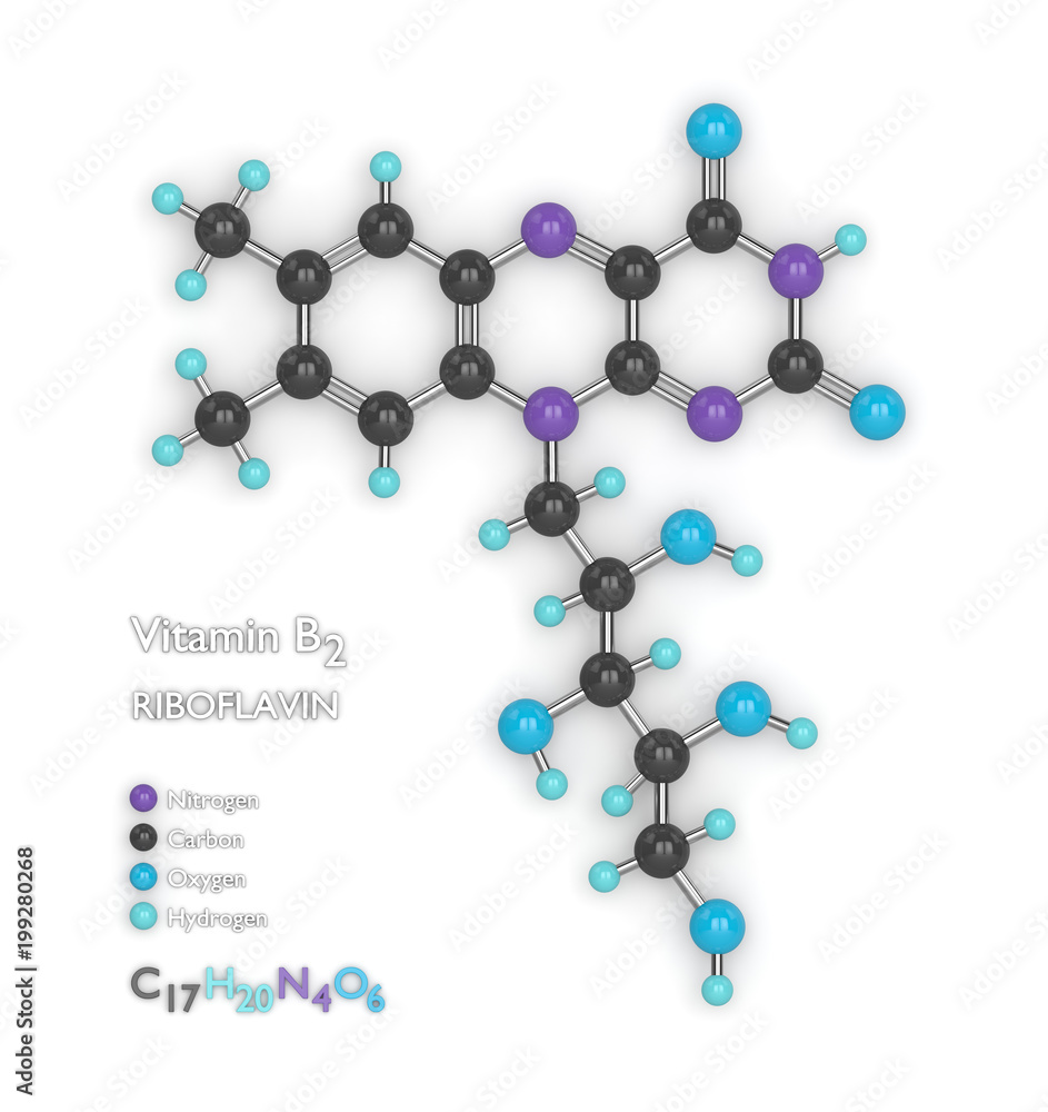 3d render of molecular model and formula of vitamin B2 3d render of molecular model and formula of vitamin B2