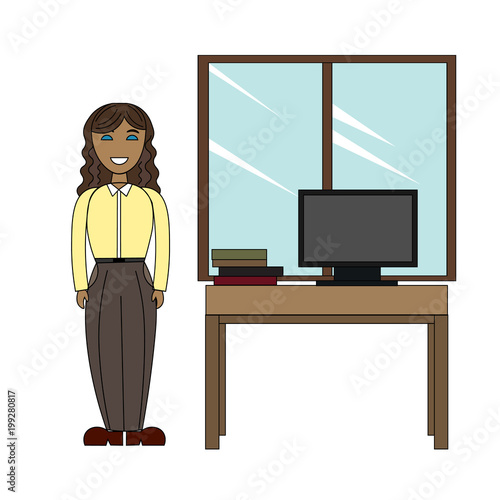 Girl employee in a strict business attire next to the desk