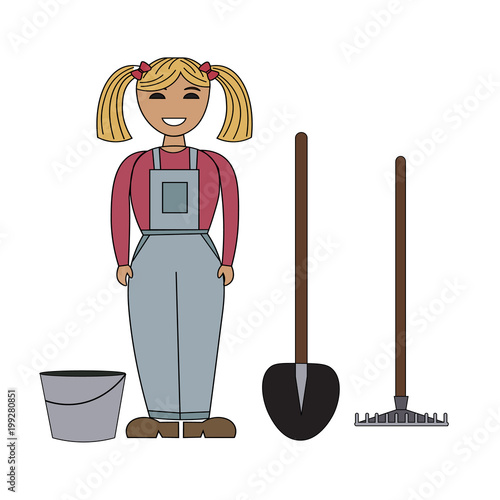 Girl gardener in blue overalls with working tools