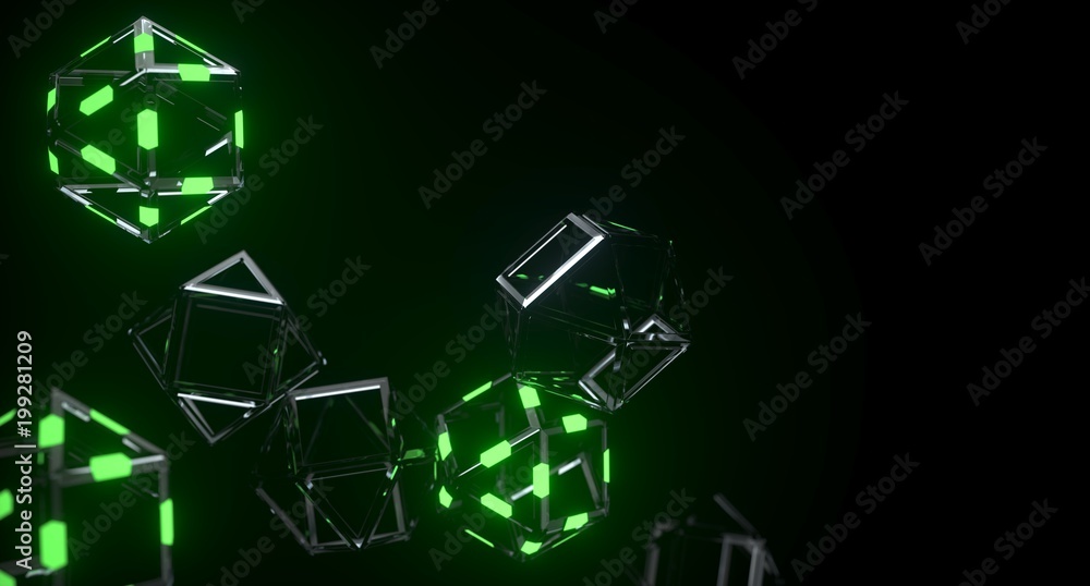 3D Rendering Of Abstract Prisms With Lights On It With Connection Net Mesh. Blockchain Technology Concept. 3D Rendering Of Abstract Prisms With Lights On It With Connection Net Mesh. Blockchain Technology Concept.