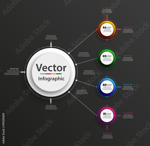 Abstract vector infographics number options template on black background. Can be used for workflow layout, diagram, business step options, banner, web design. eps 10