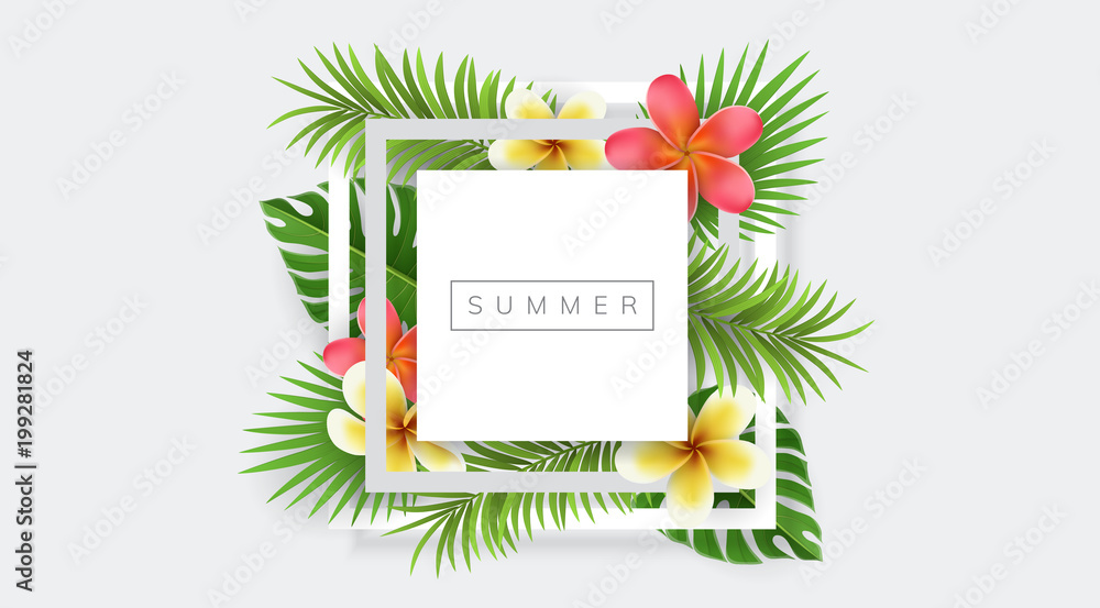 Fototapeta premium Kwadratowa rama z egzotycznymi kwiatami i liściem palmowym, na białym tle. Projekt wektorowy na lato i egzotyczne projekty
