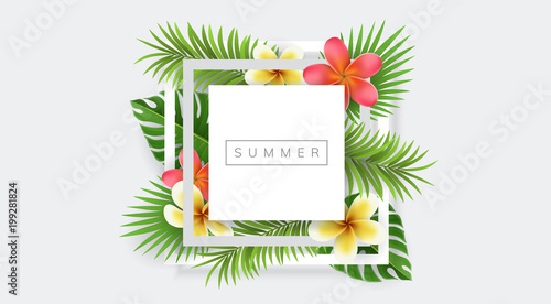 Square frame with exotic flowers and palm leaf, on white background. Vector design for summer and exotic desing