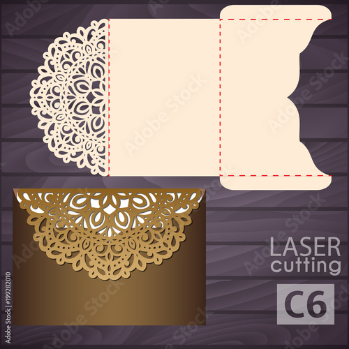Die laser cut wedding invitation card template vector. Wedding invitation or greeting pocket envelope with abstract ornament. Suitable for greeting cards, invitations, menus.