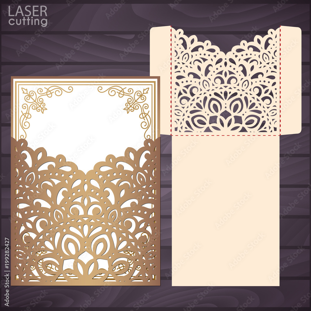 Die laser cut wedding invitation card template vector. Wedding invitation  or greeting pocket envelope with abstract ornament. Open card. Suitable for  greeting cards, invitations, menus. Stock Vector | Adobe Stock